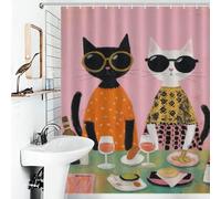 sinyumoney Rideau de Douche imperméable avec Crochets, Motif Chats Chics profitant d'une Escapade gourmande, en Tissu Doux et imperméable, idéal pour Les hôtels et Les caravanes (143 x 180 cm).