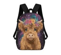 sinyumoney Sac À Dos 17 Pouces Galactic Highland Cow with Flower Crown, Cartable Imprimé En 3D, Sac À Goûter, Sac À Dos De Voyage, Sac À Dos Pour Amis (filles Et Garçons)