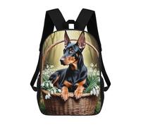 sinyumoney Sac À Dos Enfant Dessin Animé Doberman in Basket with Flowers 17 Pouces, Sac À Dos De Voyage Décontracté Imprimé En 3D, Grand Sac À Dos Pour Garçons Et Filles