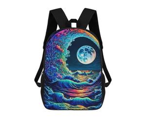 sinyumoney Sac à dos pour enfant, cartable Magical Fox Portrait - 2 grands sacs à dos pour étudiants, garçons, filles, adultes et adolescents, Ocean Wave Moonlit Night, 17"