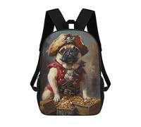 sinyumoney Sac À Dos Scolaire Enfant 17 Pouces Pug Pirate with Treasure Chest Sac D'école Imprimé En 3D Pour Garçons (primaire Et Collège)