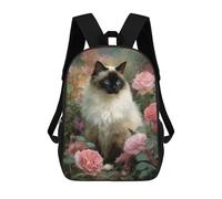 sinyumoney Sac À Dos Scolaire Enfant 17 Pouces Siam Cat with Pink Roses Sac D'école Imprimé En 3D Pour Garçons (primaire Et Collège)