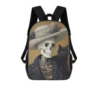 sinyumoney Sac À Dos Scolaire Enfant 17 Pouces Skull in Hat with Black Cat Sac D'école Imprimé En 3D Pour Garçons (primaire Et Collège)