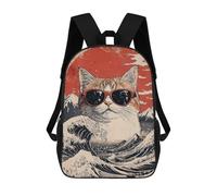sinyumoney Sac À Dos Scolaire Pour Enfants Cool Cat At The Great Wave Sac À Dos Décontracté Pour Les Voyages, Imprimé En 3D, Pour Garçons Et Filles, Grande Capacité 17inch