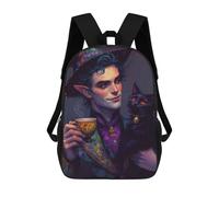 sinyumoney Sac À Dos Scolaire Pour Enfants Elf Wizard with Black Cat And Tea Sac À Dos Décontracté Pour Les Voyages, Imprimé En 3D, Pour Garçons Et Filles, Grande Capacité 17inch