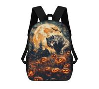 sinyumoney Sac À Dos Scolaire Pour Enfants Halloween Wolf And Pumpkins Sac À Dos Décontracté Pour Les Voyages, Imprimé En 3D, Pour Garçons Et Filles, Grande Capacité 17inch