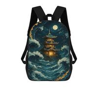 sinyumoney Sac À Dos Scolaire Pour Enfants Imprimé En 3D Pagoda Amidst Ocean Waves at Night Sacs À Dos, Sacs À Dos De Voyage Décontractés, Grand Sac À Dos De Jour Pour Garçons 17inch