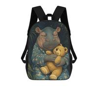 sinyumoney Sac À Dos Scolaire Pour Enfants Imprimé En 3D Sleeping Hippo with Teddy Bear Sacs À Dos, Sacs À Dos De Voyage Décontractés, Grand Sac À Dos De Jour Pour Garçons 17inch
