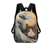 sinyumoney Sac d'école motif chat dans la grande vague, sac à dos pour garçons et adolescents, cadeau impression 3D, cartable, sac à dos cartable, Chat en vague japonaise, 17"
