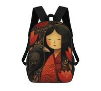 sinyumoney Sacs À Dos Cute Kokeshi Girl with Raven Sac À Dos Scolaire Pour Enfants, Sac D'école Imprimé En 3D Pour Garçons, Élèves Du Primaire Et Du Collège 17inch
