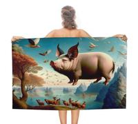 sinyumoney Serviette de Plage Lavable GSM, légère, Douce et absorbante, Motif Cochon Volant dans Un Paysage Fantastique, 130 cm x 80 cm. Idéale pour la Plage et la Piscine.