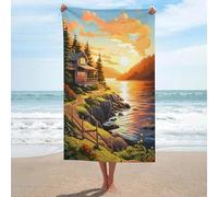 sinyumoney Serviettes de Plage lavables GSM Ultra Douces et absorbantes « Cabin by The Lake at Sunset », idéales pour Spa, Salle de Sport, hôtel et Salle de Bain Quotidienne (130 cm x 80 cm).