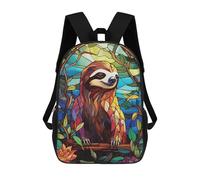 sinyumoney Stained Glass Sloth in Floral Frame Sac À Dos Scolaire Pour Filles Et Garçons, Grande Capacité, Léger, Pour Enfants Et Étudiants 17inch