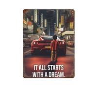 sinyumoney Tout commence par une voiture de rêve - Plaque décorative humoristique en métal pour bureau, atelier, salle de jeux, bar, cuisine - 40 x 30 cm
