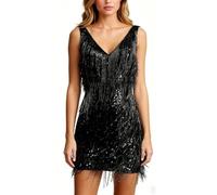 Sinyuyong Mini Robe à Franges à Paillettes for Femmes : Tenue Disco sans Manches à col en V, Costume Charleston Flapper, vêtements de Danse de fête(Black,L)
