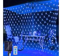 SIOOUI Filet lumineux solaire de jardin, 1,5 m x 1,5 m, 96 LED, 8 modes, fonctionne à l'énergie solaire avec télécommande pour jardin, clôture, cour, décoration (bleu)