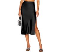 SIPEIEN Jupe en Satin pour Femme - Taille élastique Longue Taille Haute Élégante Ourlet divisé Jupe midi d'affaires, Noir, M