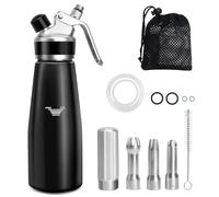 Siphon Chantilly, 500ml Siphon de Chantilly pour Mousses et Crèmes,Decorating Gâteaux et Desserts, Syphon à crème en Aluminium avec 3 Douilles en Acier Inoxydable,Sac en filet,Brosse de Nettoyage