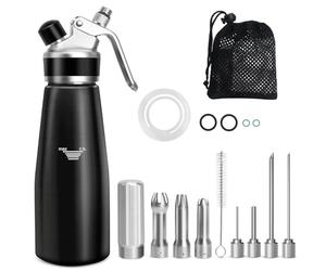 Siphon Chantilly, 500ml Siphon de Chantilly pour Mousses et Crèmes,Gâteaux et Desserts, Syphon à crème avec 4 conseils d'injecteur,3 Douilles en Acier Inoxydable,Sac en filet,Brosse de Nettoyage