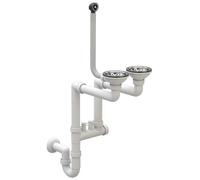Siphon de cuisine économe en espace - Vidange de lavabo de cuisine - Ensemble avec raccord pour lave-vaisselle - ø 115 mm/3,5 pouces - Garniture de vidange pour 2 bacs - Chrome - Classique - Granitan