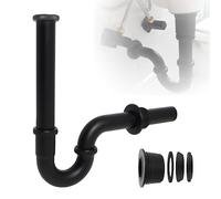 Siphon de lavabo noir - Extra long 200 mm - Siphon universel - Lavabo de salle de bain - En laiton massif - Tuyau de vidange - Avec manchon en caoutchouc (noir mat)
