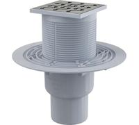 Siphon de sol AlcaDrain 105×105/50/75 mm avec une sortie verticale, grille en acier inoxydable, siphon avec eau de barrage