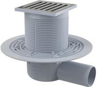Siphon de sol AlcaDrain 105×105/50 mm avec une sortie horizontale, grille en acier inoxydable, siphon avec eau de barrage