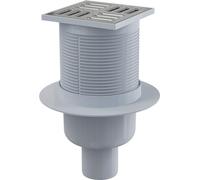 Siphon de sol AlcaDrain 105×105/50 mm avec une sortie verticale, grille en acier inoxydable, siphon avec eau de barrage