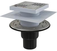 Siphon de sol AlcaDrain 150×150/50/75 mm avec une sortie verticale, grille en acier inoxydable, bride d'étanchéité en acier inoxydable et manchette-2. étanchéité, siphon avec eau de barrage et avec cl