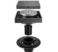 Siphon de Sol carré de 4 Pouces, Siphon de Douche avec Couvercle Plat et Insert pour carrelage 2 en 1, Siphon de Sol en Laiton avec Tuyau Droit et Bride en PVC, Filtre à Cheveux Inclus, Chrome (Noir