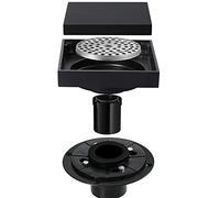 Siphon de Sol carré de 4 Pouces, Siphon de Douche avec Couvercle Plat et Insert pour carrelage 2 en 1, Siphon de Sol en Laiton avec Tuyau Droit et Bride en PVC, Filtre à Cheveux Inclus, Chrome (Nero