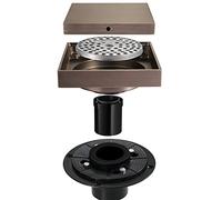 Siphon de Sol carré de 4 Pouces, Siphon de Sol avec Couvercle Plat et Insert pour carrelage 2 en 1, Siphon de Sol en Laiton avec Tuyau Droit et Bride en PVC, Filtre à Cheveux Inclus, Chrome (Bronze)