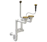 Siphon d'évier de cuisine peu encombrant - Kit avec raccord pour lave-vaisselle - Diamètre : 115 mm - Bonde pour 2 bacs avec bouchons automatiques - Doré Granitan
