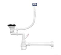 Siphon d'évier double avec port de lave-vaisselle pour ouverture de 84 à 90 mm - Siphon blanc - Kit complet avec trop-plein et filtre pour lavabo de cuisine - Construction durable