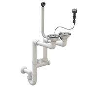 Siphon double raccord peu encombrant - Bonde d'évier de cuisine - Kit avec raccord pour lave-vaisselle - Diamètre : 115 mm - Bonde pour 2 bacs avec bouchons automatiques - Chromé Granitan