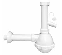 Siphon Évier de cuisine 1 voie 1"1/2, en plastique blanc, avec fixation laveuse/lave-vaisselle, drain universel anti-odeur