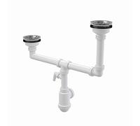 Siphon pour évier double DN 115 - Double niveau - Avec raccordement au lave-vaisselle ou à la machine à laver - Grille en acier inoxydable DN 115 - Raccord universel DN40/50 - Bonde d'écoulement -