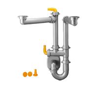 Siphon tubulure gain de place pour vidage évier 2 cuves, gris métal