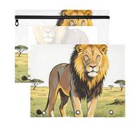 siphylline Lot de 2 trousses à crayons avec fenêtre transparente à 3 trous pour classeur à 3 anneaux, pour étudiants, classes, Amériques, animal lion, jaune et vert