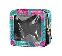 siphylline Mini trousse de maquillage transparente avec feuilles tropicales et fleurs bleues magentas, Bright Tropical Leaf Flower Bleu Magenta, 1 size