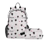 siphylline Sac à dos mignon avec chat noir dessiné à la main avec boîte à déjeuner pour garçons sacs à dos d'école pour filles avec boîte à déjeuner sac d'école garçon âge 8-10 ans