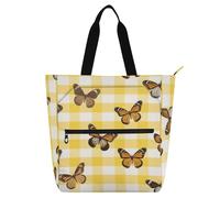 siphylline Sac fourre-tout pour livres pour enfants et adultes, motif à carreaux jaunes et blancs, motif papillon, sac à main léger pour bibliothèque, sac à main avec poches zippées pour l'école, le