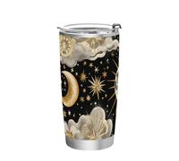 siphylline Tasse à café en acier inoxydable avec couvercle et motif feuille d'or et soleil - 591 ml