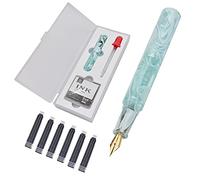 SIPLIV Mini stylo plume de voyage en résine acrylique à pointe fine et étui pour stylo d'écriture compte Remplissage de bouteille avec 6 cartouches noires - Motif tourbillons verts transparents