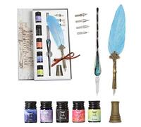 SIPLIV stylo plume de calligraphie en verre avec stylo plume, stylo en verre, encre 5 couleurs, 4 pointes de remplacement, repose-stylo, porte-stylo en métal, bleu