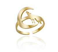 SIPURIS Bague loup hurlant lune amulette animal mi-nuit pour homme mode romantique ouvert bijoux pour femme, Acier inoxydable, Pas de pierre précieuse