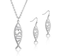 SIPURIS Ichthys Collier Boucles d'oreilles Jésus Poisson Pendentif et Boucles d'oreilles Poisson Chrétien Ichtus Collier Boucles d'oreilles Cadeau religieux Chrétien, Acier inoxydable, Pas de gemme