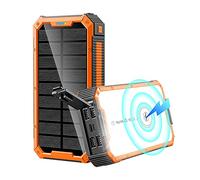 Siqi Power Bank 36800 mAh - 5 V/3 A - Chargement rapide sans fil - Chargeur solaire portable [4 sorties 3 entrées] avec lampes de poche LED - Batterie externe - Noir et orange