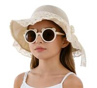 SIQITECH Capeline de Paille Eté Fille Chapeau Bob avec Noeud Papillon Enfant Capeline de Soleil Anti UV Elégant Chapeau Melon en Paille avec Lunette Noires pour Voyage Plage Randonné Pêche