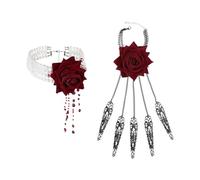 SIQITECH Ensemble de Collier Bracelet de Sang avec Fleur Collier 4 Rangés de Sang Gothique Bracelet Floral Femme Halloween Collier Style Gothique en Fausse Perles pour Halloween Cosplay Carnaval